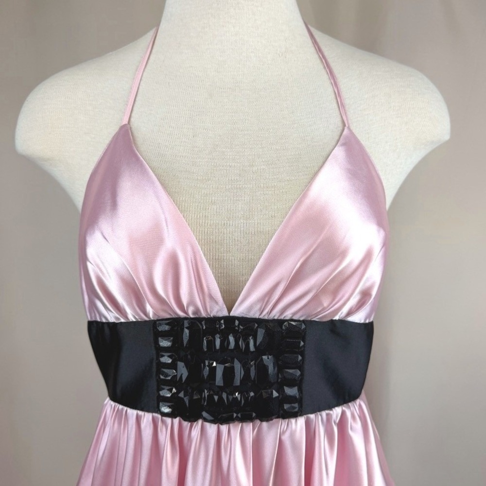 JESSICA McCLINTOCK (8) Pink Satin Halter Dress Pockets Y2K Party Prom Cocktail - Picture 2 of 10